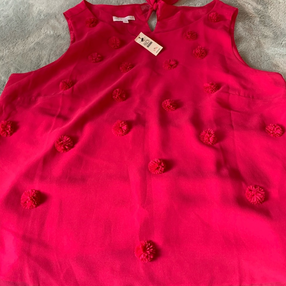 Talbots RSVP Pink Polka Dot Fringe sleeveless top with tie in back. EUC